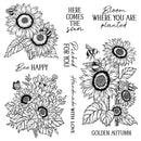 Black and white line art designs featuring sunflowers, bees, flowers, butterflies, and inspirational phrases including 'Bloom WHERE YOU ARE planted', 'HERE COMES THE sun', 'Bee HAPPY', 'Picked FOR YOU', 'Handmade WITH LOVE', and 'GOLDEN AUTUMN'.
