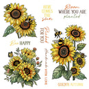 A set of autumn-themed stamp designs featuring yellow sunflowers, bumblebees, leaves, and decorative text such as 'Bloom WHERE YOU ARE planted', 'HERE COMES the sun', 'Bee HAPPY', 'Picked Handmade WITH LOVE', and 'GOLDEN AUTUMN' on a white background.