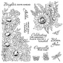 Black and white floral and botanical stamp designs featuring sunflowers, daisies, wildflowers, butterflies, a dragonfly, and inspirational phrases including 'Brighter DAYS AHEAD', 'Golden Touch', 'Celebrating THE AMAZING PLACE you've reached', 'Bloom & Grow', and 'Especially FOR YOU'.