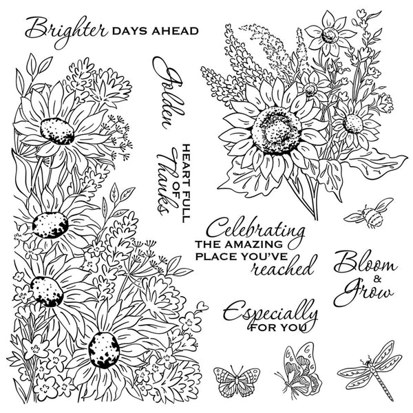 Black and white floral and botanical stamp designs featuring sunflowers, daisies, wildflowers, butterflies, a dragonfly, and inspirational phrases including 'Brighter DAYS AHEAD', 'Golden Touch', 'Celebrating THE AMAZING PLACE you've reached', 'Bloom & Grow', and 'Especially FOR YOU'.