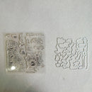 A clear acrylic stamp set and matching metal die cut file shown on a textured light gray background. The stamp features floral and script designs, while the die shows matching cut-out shapes.