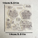 Clear stamp sheet with autumn-themed designs including sunflowers, pumpkins, a wagon full of pumpkins, and phrases like 'Autumn Blessings' and 'Hello Pumpkin' on a textured white background with dimension markers showing 14cm/5.51in.