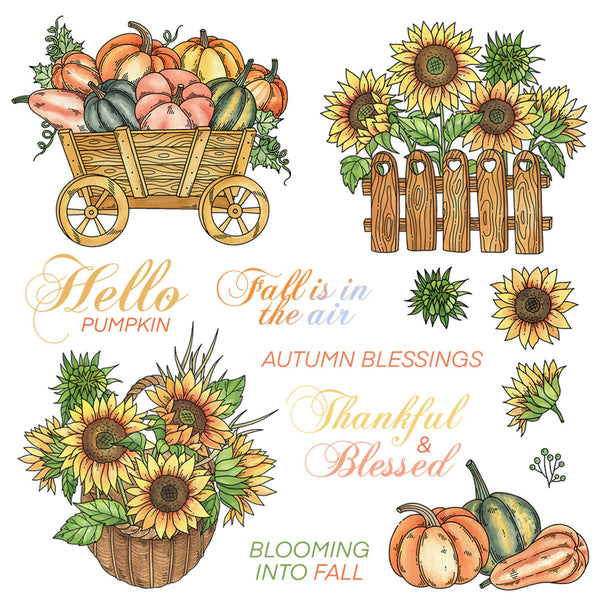 A set of autumn-themed watercolor illustrations on a white background, including pumpkins, sunflowers, a wagon, fence, leaves, and decorative text such as 'Hello Pumpkin,' 'Fall is in the air,' 'Autumn Blessings,' 'Thankful & Blessed,' and 'Blooming Into Fall.'.