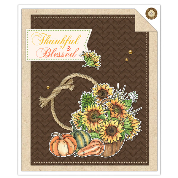 A square autumn-themed greeting card or art print with a kraft-paper border, dark brown patterned center, a rope handle, sunflowers, pumpkins, and a banner reading “Thankful & Blessed.”.