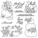 Black and white autumn-themed line art illustrations featuring pumpkins, flowers, leaves, and decorative text including 'Gathered with Love', 'Harvest', and 'love you a pumpkin bunch'.