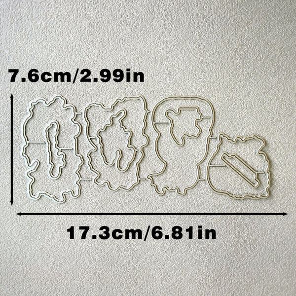 Four ghost-shaped die-cut craft cutters displayed on a textured off-white background, with black measurement lines and text indicating dimensions of 7.6cm/2.