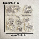 Clear acrylic stamp set featuring autumn pumpkins, flowers, and harvest-themed phrases on a textured off-white background, with black dimension lines and text indicating 14cm/5.51in measurements.