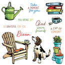 A collection of hand-drawn watercolor illustrations and inspirational quotes on a white background, including a green watering can, a stack of books, a coffee cup, an Adirondack chair with a mug, a black and white dog, stacked flower pots, and quotes such as 'take a moment for you', 'YOU BRING JOY', 'Glad we're friends', and 'A CUP OF COMFORT'.