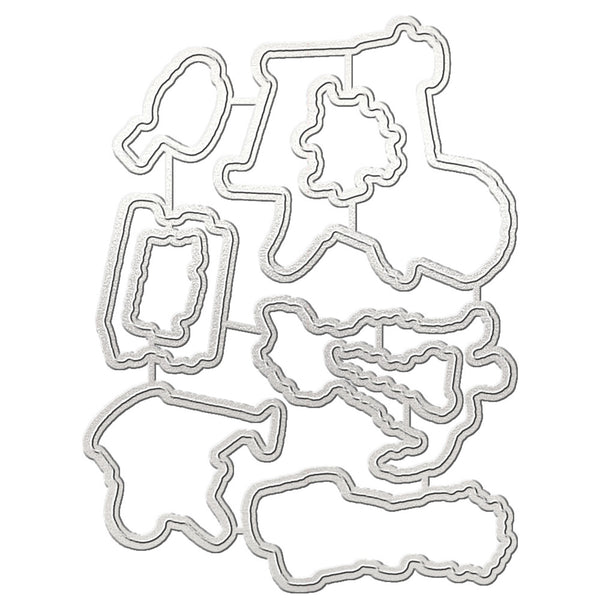 A set of silver metal craft dies with various whimsical, hand-drawn shapes, displayed on a clean white background.