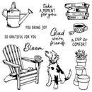 A sheet of black and white line art illustrations featuring a watering can, stacked books, a bird, a coffee cup, an Adirondack chair with a mug, a dog, potted plants, and several inspirational phrases including 'take a moment for you', 'you bring joy', 'so grateful for you', 'Glad we are friends', 'A CUP OF COMFORT', and 'Bloom'.