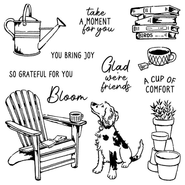 A sheet of black and white line art illustrations featuring a watering can, stacked books, a bird, a coffee cup, an Adirondack chair with a mug, a dog, potted plants, and several inspirational phrases including 'take a moment for you', 'you bring joy', 'so grateful for you', 'Glad we are friends', 'A CUP OF COMFORT', and 'Bloom'.
