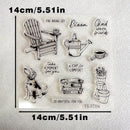 Clear stamp sheet featuring black ink-style illustrations of an Adirondack chair, watering can, cup, books, potted plants, a dog, and inspirational phrases, shown on a light background with printed dimensions 14cm/5.51in.