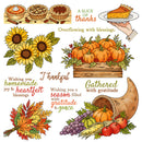 A collection of autumn-themed vector illustrations and clipart elements, including pumpkin baskets, sunflowers, fall leaves, corn, grapes, pies, a horn of plenty, and various Thanksgiving text blessings.