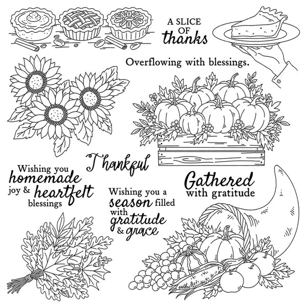 Black and white line art illustrations featuring autumn harvest themes, including sunflowers, pumpkins, corn, grapes, pie, leaves, and Thanksgiving-themed text phrases.