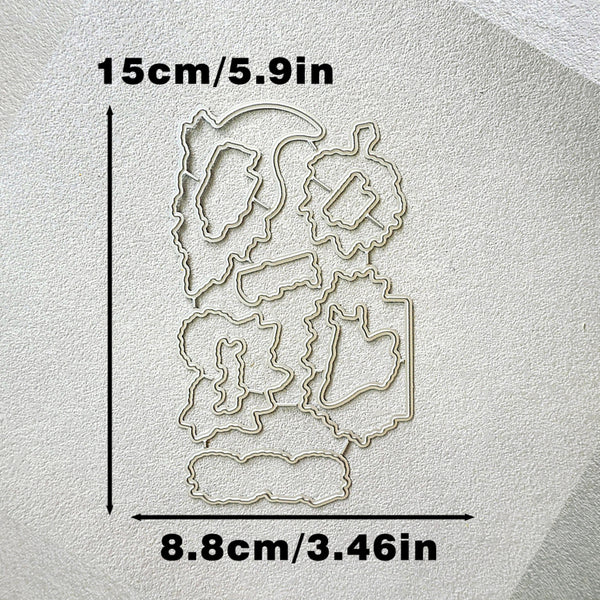 A set of metal die-cut craft templates arranged on a textured off-white surface, with black measurement lines and text showing dimensions of 15cm/5.9in tall and 8.