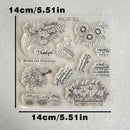 Clear acrylic stamp set with autumn and harvest-themed designs including pumpkins, sunflowers, leaves, and phrases like 'Thankful' and 'Gathered', shown on a light background with printed dimension lines and text indicating 14cm/5.51in.