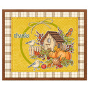 A square autumn-themed decorative card or print with a brown wood border, cream plaid trim, and a yellow center illustration featuring a birdhouse, pumpkins, leaves, berries, birds, and the word 'thanks'.