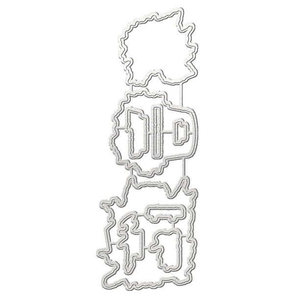 A metal cutting or stamping die set arranged vertically on a plain white background. The set includes three stacked shapes: a rough circular outline at the top, a letterform with internal lettering in the middle, and a complex decorative character at the bottom.