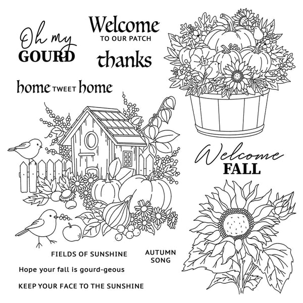 Black and white line art collection of autumn-themed stamps and decals, featuring pumpkins, sunflowers, birds, a birdhouse, and phrases like 'Welcome to our patch', 'Oh my gourd', and 'Welcome fall'.