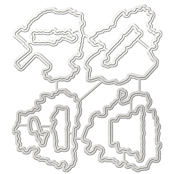 Four metal cutting dies arranged in a 2x2 grid on a plain white background. Each die has a wavy outline with a central cutout shape, likely for crafting or scrapbooking.