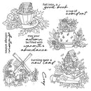 A sheet of black and white line art featuring autumn-themed illustrations and phrases, including a teacup with a tiny house, a flower cart, a windmill, books, pumpkins, leaves, and handwritten-style sayings such as 'fall into a good book,' 'a cup of comfort,' and 'may your autumn be filled with warmth & abundance.'.