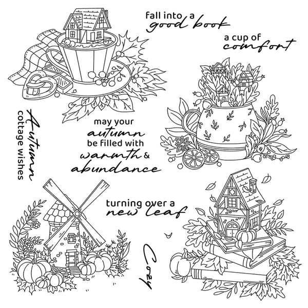 A sheet of black and white line art featuring autumn-themed illustrations and phrases, including a teacup with a tiny house, a flower cart, a windmill, books, pumpkins, leaves, and handwritten-style sayings such as 'fall into a good book,' 'a cup of comfort,' and 'may your autumn be filled with warmth & abundance.'.