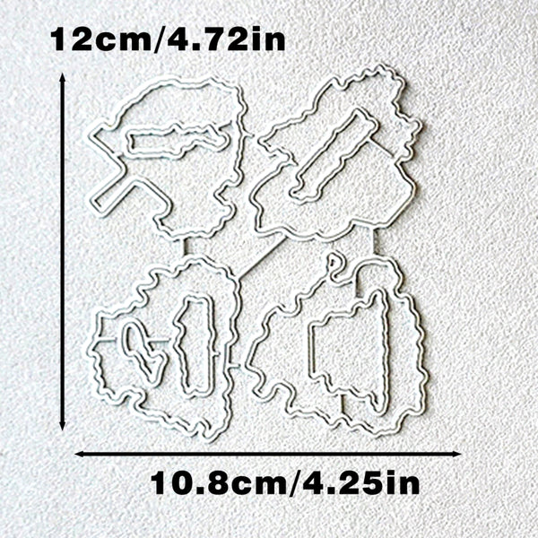 Four metal die-cut shapes arranged on a white textured background, with black measurement lines and text showing dimensions 12cm/4.72in vertically and 10.
