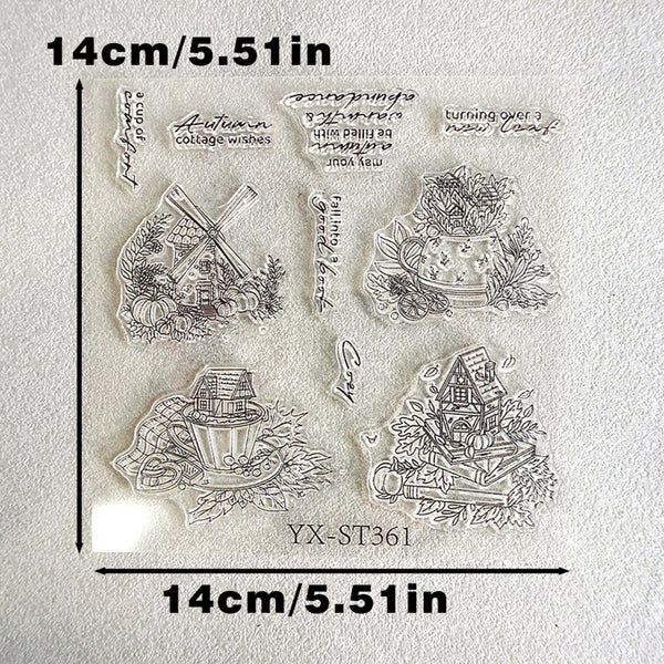 Clear acrylic stamp sheet featuring autumn-themed illustrations including a windmill, flowers, a birdhouse, and decorative text phrases, shown on a white background with black dimension lines and text indicating 14cm/5.51in.