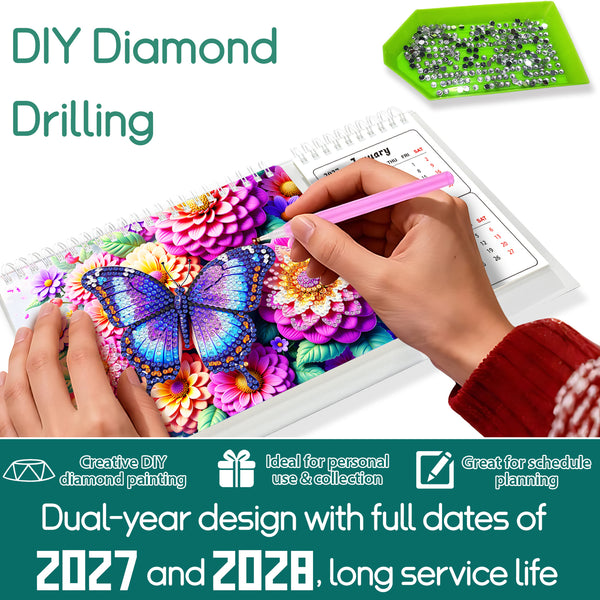 DIY diamond painting kit with a colorful floral and butterfly design on a clear plastic canvas, shown with hands holding a pink needle tool. A green tray of small rhinestones is visible in the top right, with text overlays describing the product and a long service life for a dual-year calendar design.