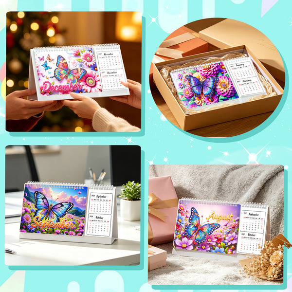 A collage showing a butterfly-themed monthly desk calendar in different settings. The calendar has colorful floral and butterfly illustrations with visible months on the front and a small monthly calendar insert.