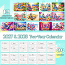 A promotional graphic for a 2027 & 2028 two-year calendar showing 13 colorful butterfly and floral illustration designs across the top and a grid of 12 monthly calendar pages below. The text reads '13 exquisite illustrations,' '2027 & 2028 Two-Year Calendar,' and '24 months.