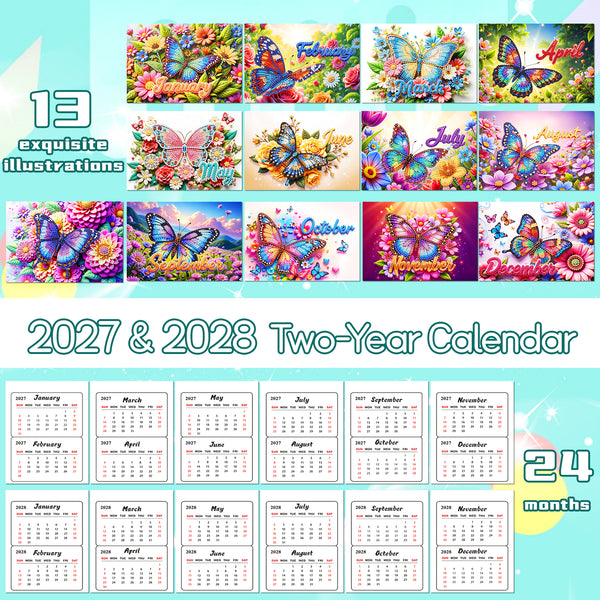 A promotional graphic for a 2027 & 2028 two-year calendar showing 13 colorful butterfly and floral illustration designs across the top and a grid of 12 monthly calendar pages below. The text reads '13 exquisite illustrations,' '2027 & 2028 Two-Year Calendar,' and '24 months.