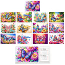 A set of colorful butterfly and floral calendar pages with monthly inserts, shown as a collage on a white background. The main designs feature vibrant butterflies over flowers with month names such as January through December, plus a larger January page and a small February page displayed below.