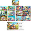 A colorful bird-themed wall calendar or art print set showing multiple monthly covers with vivid birds, flowers, butterflies, and decorative scenery. A smaller inset shows a January and February calendar page on a white background.