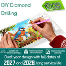 DIY diamond painting kit shown with a colorful bird-themed canvas, a pink-handled tool, a tray of small clear and silver beads, and hands actively working on the artwork. Large text reads 'DIY Diamond Drilling' and a teal banner at the bottom highlights long service life and planning benefits.