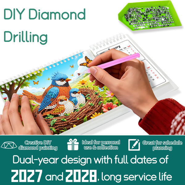 DIY diamond painting kit shown with a colorful bird-themed canvas, a pink-handled tool, a tray of small clear and silver beads, and hands actively working on the artwork. Large text reads 'DIY Diamond Drilling' and a teal banner at the bottom highlights long service life and planning benefits.