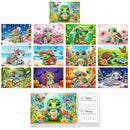A set of colorful cartoon turtle-themed desk calendar pages and a spiral-bound monthly calendar display. The designs feature green turtles in many seasonal scenes: spring flowers, summer beach, autumn leaves, winter snow, and Halloween pumpkins.