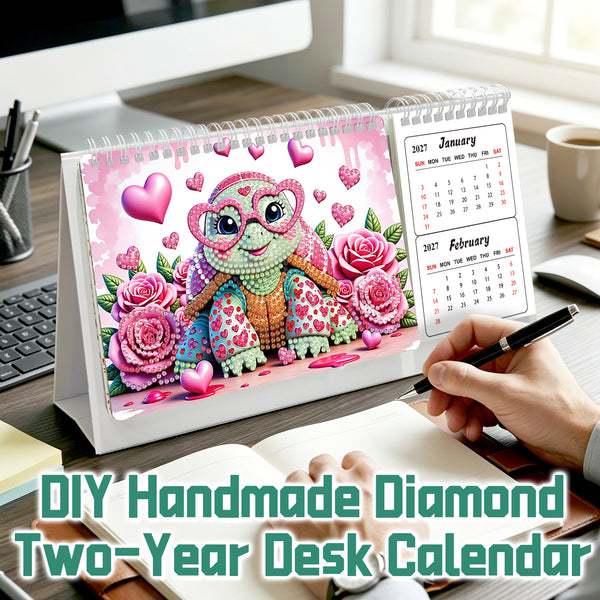 DIY handmade diamond two-year desk calendar shown on a desk with a person writing in a notebook. The calendar cover features a colorful diamond-look turtle surrounded by pink roses and hearts, with monthly calendar pages visible on the right side.