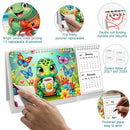 A colorful spiral-bound desk calendar shown on a white background with circular callout graphics and a hand holding it open. The calendar features bright cartoon illustrations, including a green turtle, butterflies, flowers, and monthly calendar pages.