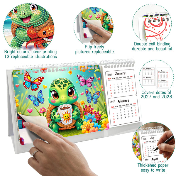 A colorful spiral-bound desk calendar shown on a white background with circular callout graphics and a hand holding it open. The calendar features bright cartoon illustrations, including a green turtle, butterflies, flowers, and monthly calendar pages.