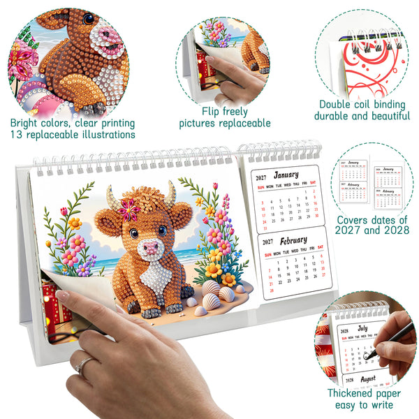 A desk calendar featuring a colorful beaded bull illustration on the front cover, shown with a hand flipping the page. The image includes four circular callout graphics highlighting product features: bright colors and clear printing, freestyle page flipping, double coil binding, and thick paper for writing.