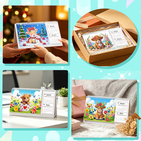 A collage showing a spring-themed spiral-bound desk calendar in four lifestyle settings: held by hands, displayed in a gift box, on a desk, and styled on a sofa with a blanket and dried flowers. The calendar features a cartoon deer wearing a floral hat against colorful spring backgrounds.
