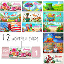 A collage showing 12 different monthly calendar card designs for a 12-month desk calendar. The cards feature colorful seasonal and floral illustrations such as Easter, summer, autumn, and winter scenes, with text labels for each month.