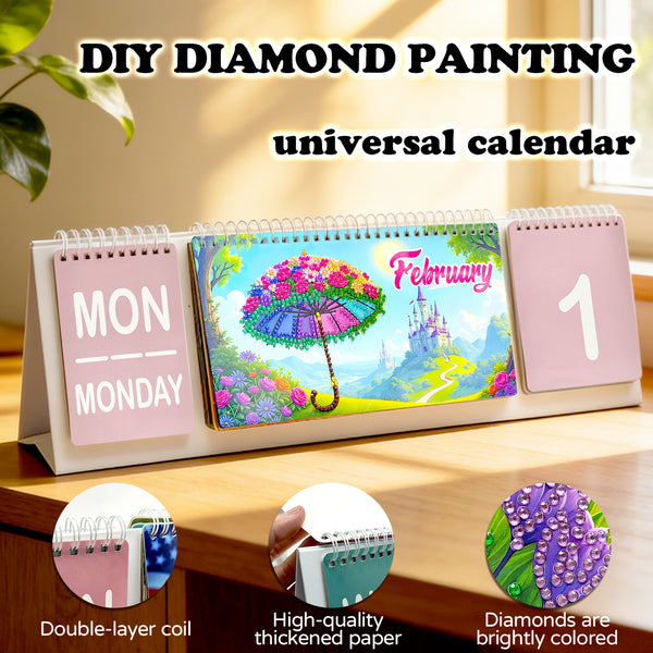DIY diamond painting universal calendar with colorful design and text on a wooden surface.