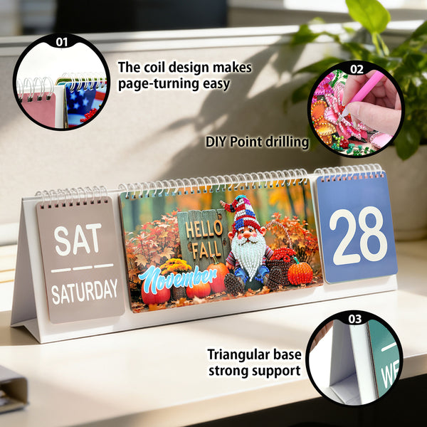 A tabletop calendar shown on a desk with three circular callout insets explaining features: page-turning coil design, DIY point drilling, and triangular base support. The calendar has a spiral-bound layout with a fall-themed printed center panel reading 'Hello Fall November' and date pages showing 'SAT Saturday' and '28'.