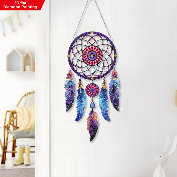 Colorful dreamcatcher wall decoration on a white wall with a chair and table in the background.