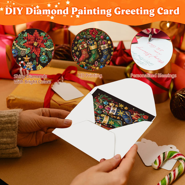DIY diamond painting greeting card shown in a festive holiday-themed setting, with hands holding an open white envelope revealing a colorful Christmas-themed painted design inside. Two circular inset callouts highlight the design's features: 'Shiny Diamonds With Bright Colors' and 'HD Printing,' and a third inset shows a personalized handwritten message.
