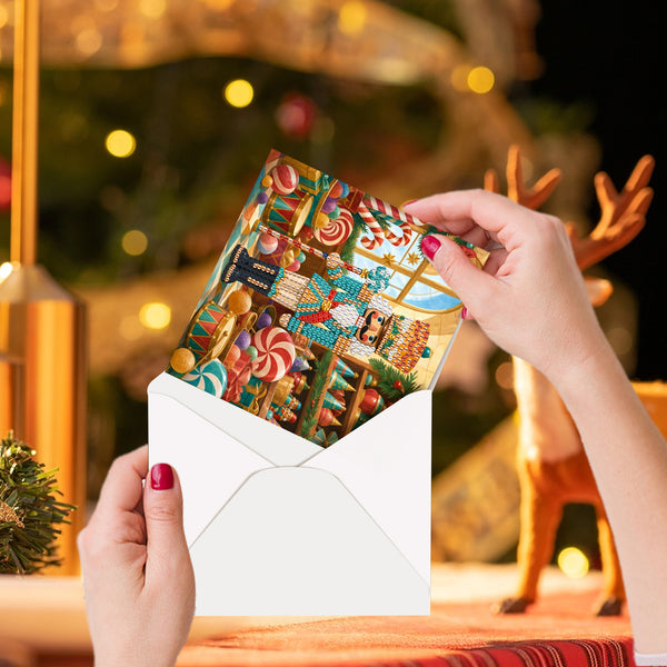 A person holds an open white envelope and pulls out a colorful Christmas-themed greeting card featuring a whimsical candy cane forest scene. The background shows a softly blurred holiday setting with warm lights and a reindeer figurine.