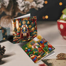 Two square Christmas greeting cards displayed on a tabletop, one standing upright and one lying flat, both featuring a festive nutcracker illustration surrounded by ornaments, gifts, and holiday decorations. The background is softly blurred with warm bokeh lights and seasonal decor.