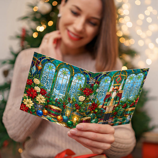 A woman in a beige knit sweater holds a colorful Christmas card featuring an ornate arched window scene with red flowers, green foliage, ornaments, and a nutcracker, with a blurred Christmas tree and warm string lights in the background.